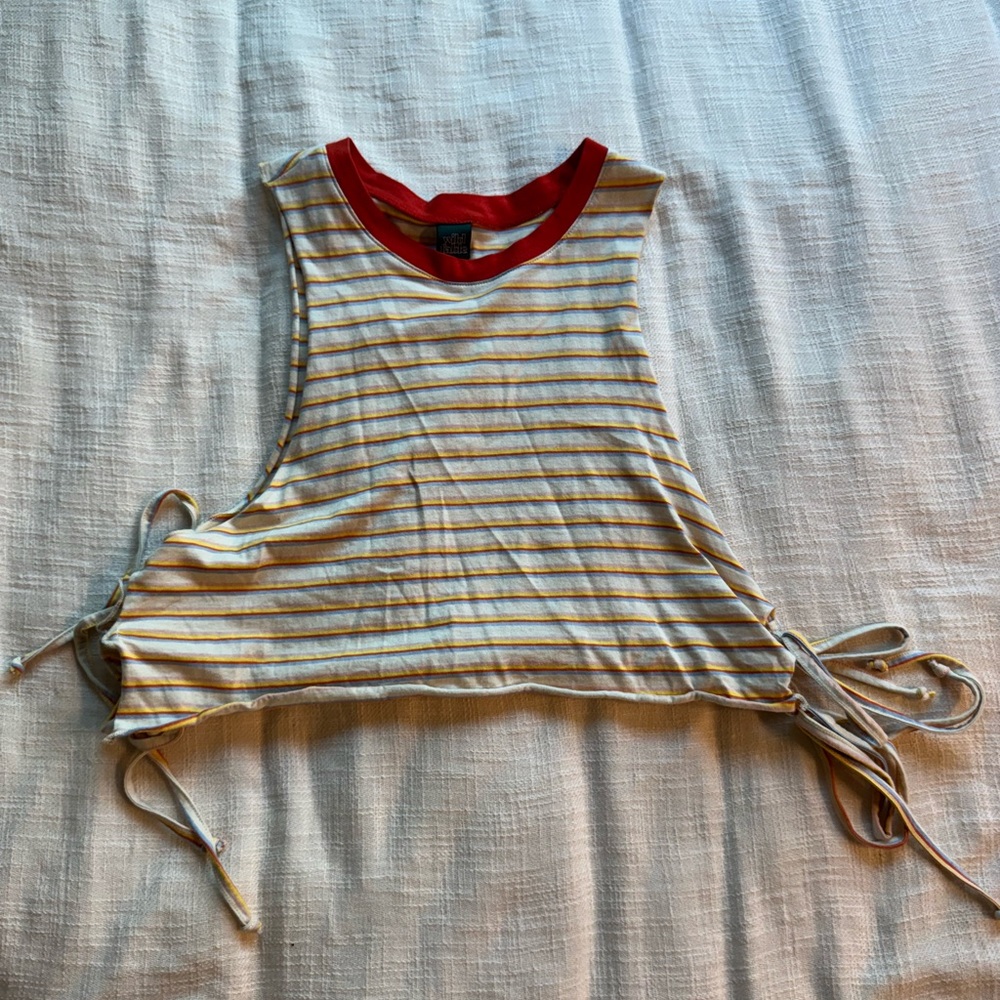 Yellow and Red Striped Cropped Side Tie Muscle Tee